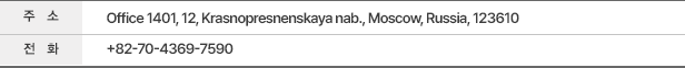 ּ : 1401, Office Bldy., WTC 12, Krasnopresnenskaya nab. Moscow, 123610, Russia, ȭ : 82-70-4369-7590