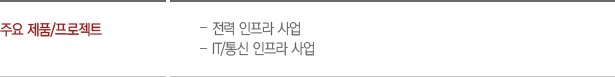 주요 제품/프로젝트 : IT/통신 분야의 경우, 입찰 형태의 인프라 사업에 참여하고 있습니다.