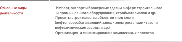 Key operations : - Import/export and cross trade of heavy construction equipment, general machinery, and construction materials  - Turnkey projects in the fields of refinery, power generation, gas, and petrochemical plant  - Composite project organization coupled with financing, etc.
