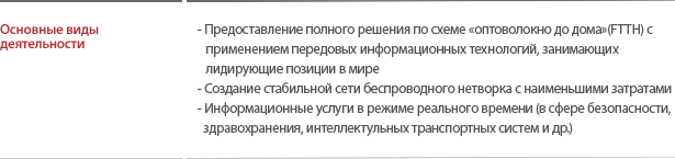 Key operations : -  Total FTTH solutions offering Koreas world-class optical communication equipment  - Stable wireless network infrastructure built cost-effectively  - Real-time information services on security, public health, and traffic information (ITS)